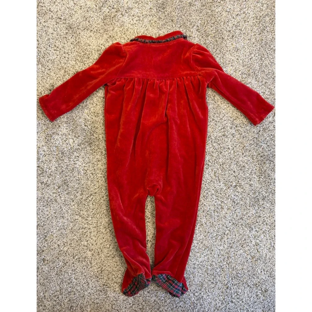 Ralph Lauren Footie Pajamas Velvet 9M Red Plaid Trim Holiday One Piece Romper
